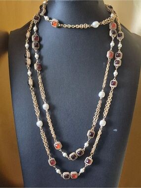 Catwalk Jon Gold-Tone Necklace with Amber Color and Pearl Accents Signed